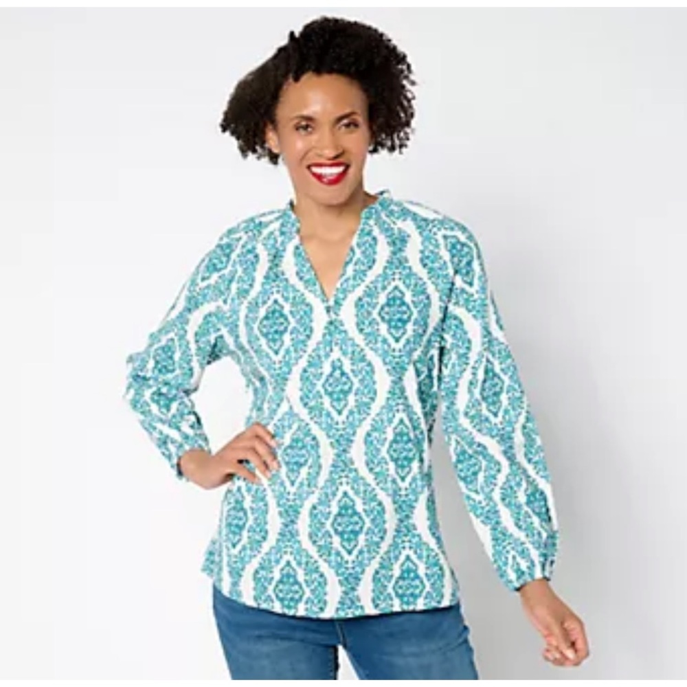 Belle by Kim Gravel Floral Ikat Blouson Sleeve Blouse - XS